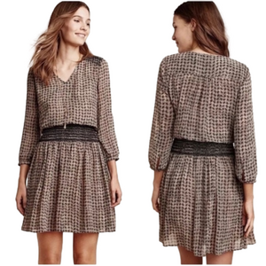 Anthropologie Vanessa Virginia Tan Black Smocked Waist Dress Size XS